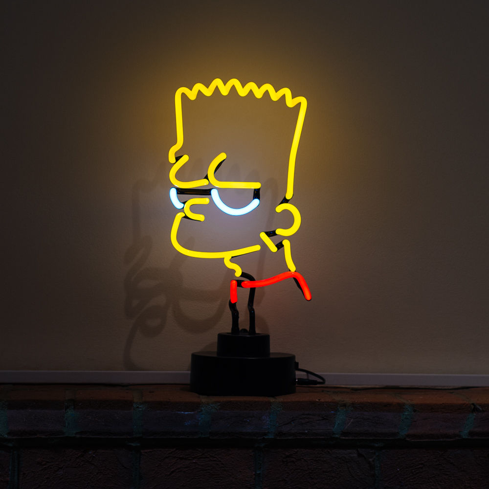 A real glass neon table lamp featuring a glowing white monkey design sitting on a wooden surface.