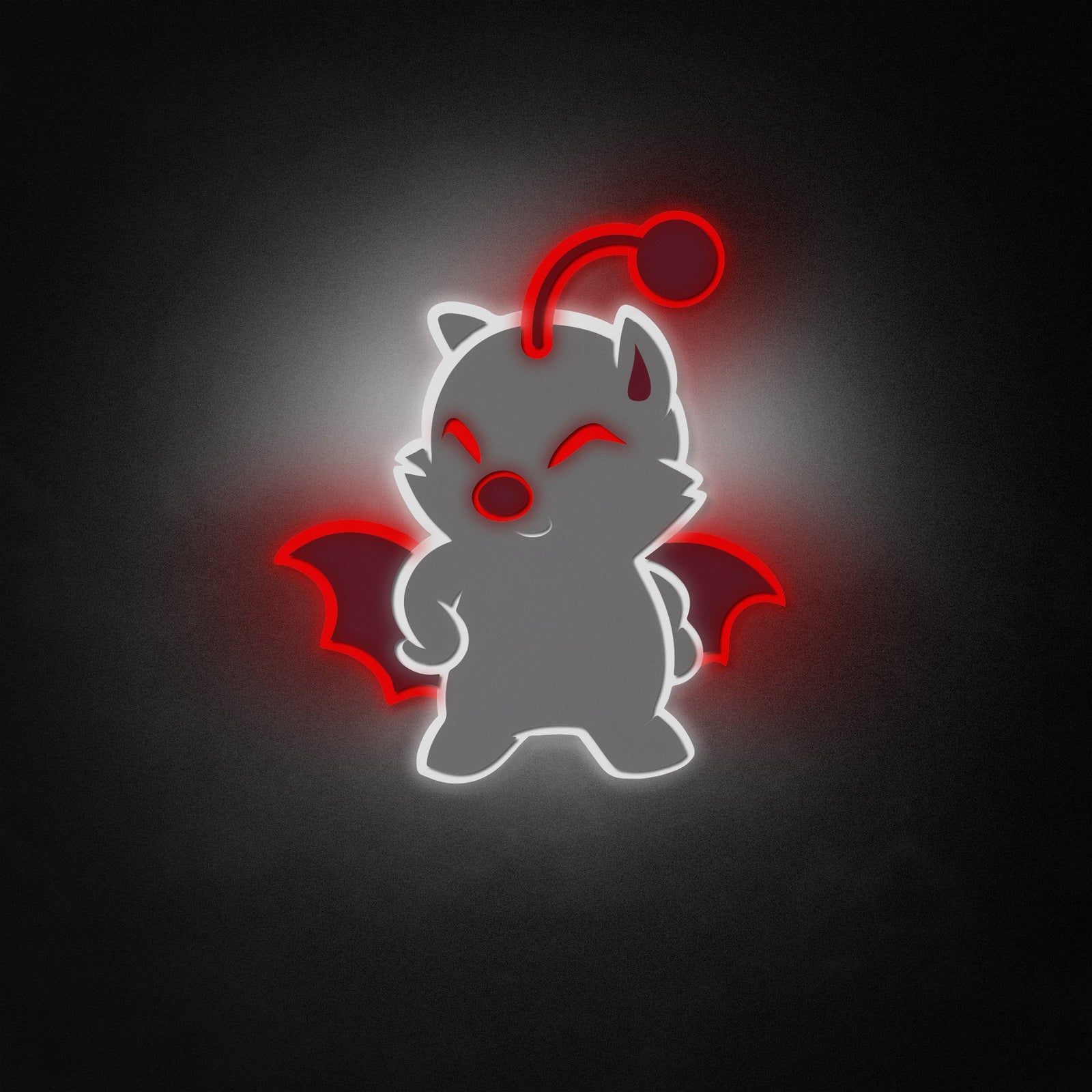 A bright, purple glowing neon like sign of a Moogle from Final Fantasy.