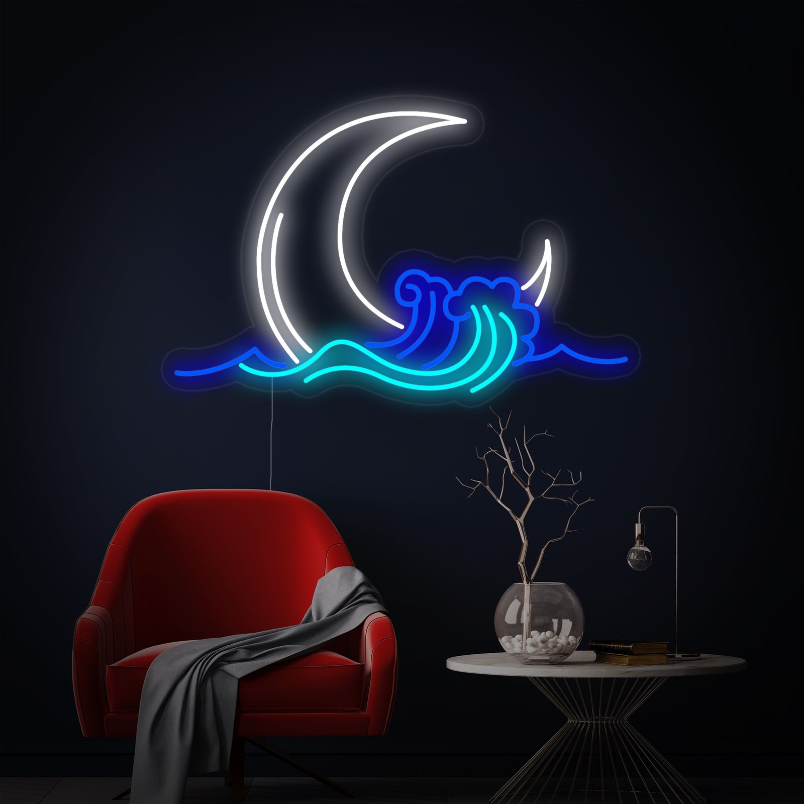 A glowing 'Moonrise Wave' neon sign rendering, displaying vibrant blue waves and a bright crescent moon.
