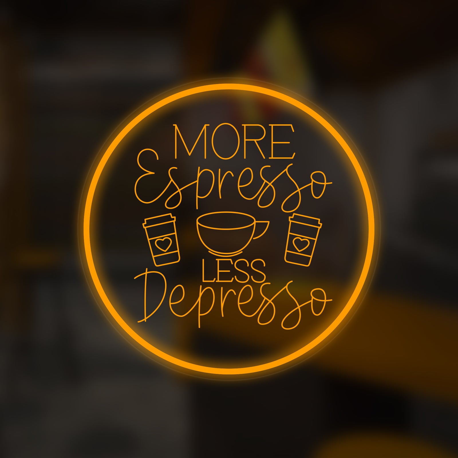 Graphic mockup of the More Espresso Less Depresso mini neon sign glowing brightly in a blurred coffee shop setting.