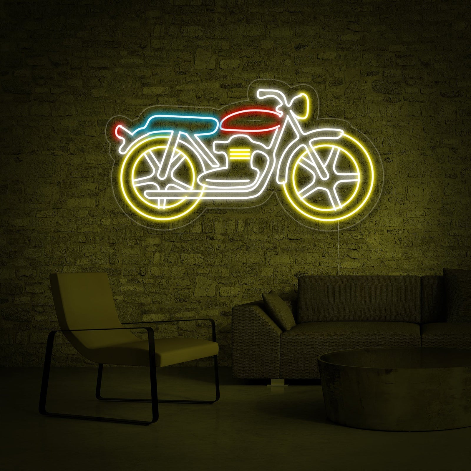 Close-up detail of the illuminated 'Motorcycle' neon sign showing the distinct white or light yellow glowing outline on a simple black background.