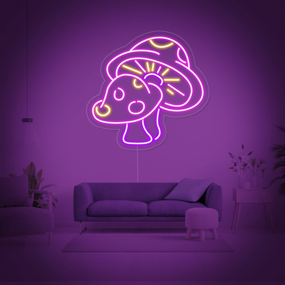 Digital design of a mushroom neon sign graphic glowing against a stylized monochrome interior backdrop.
