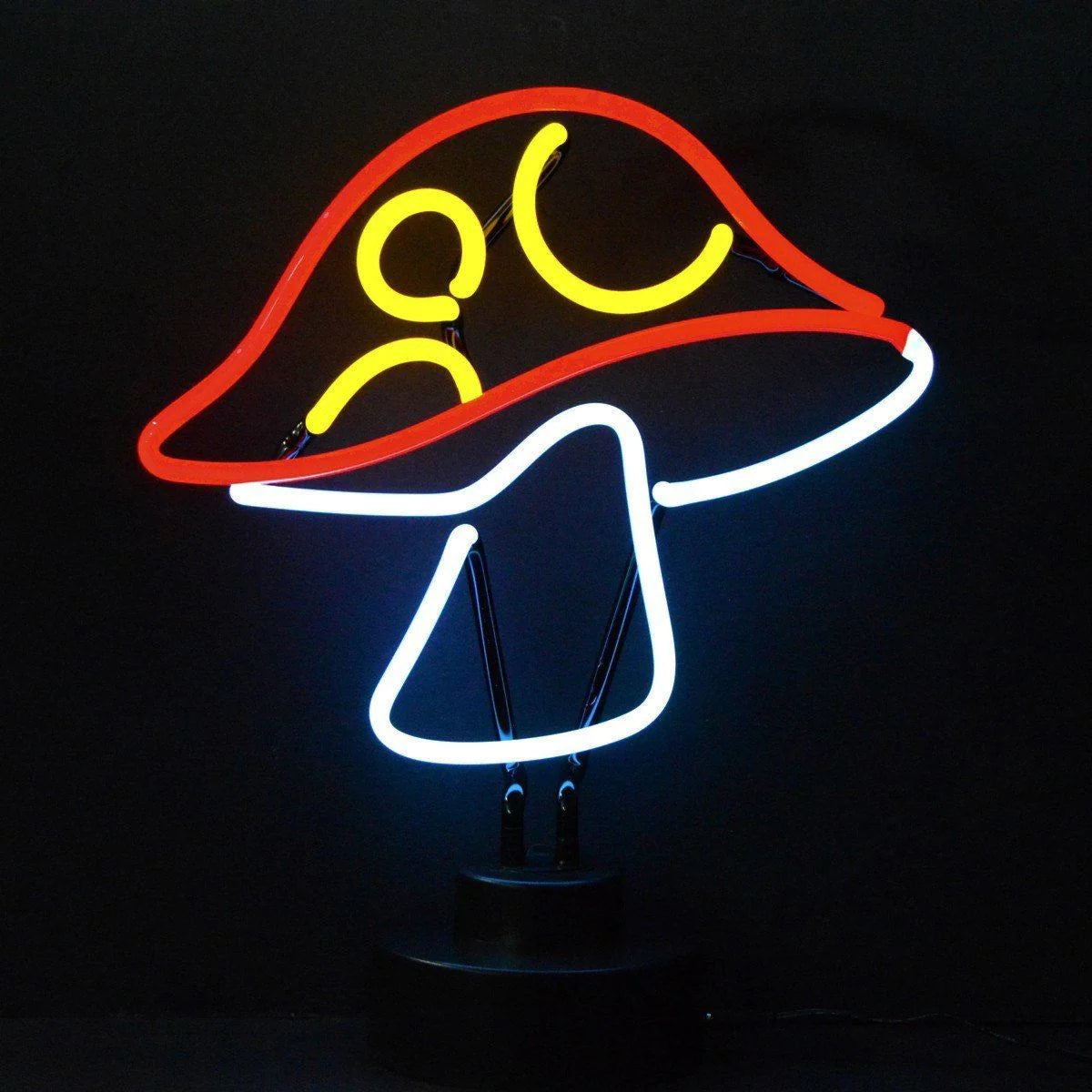 A table neon sign in the shape of a mushroom with a red and white cap and a yellow stem, standing on a shelf in a dimly lit room.