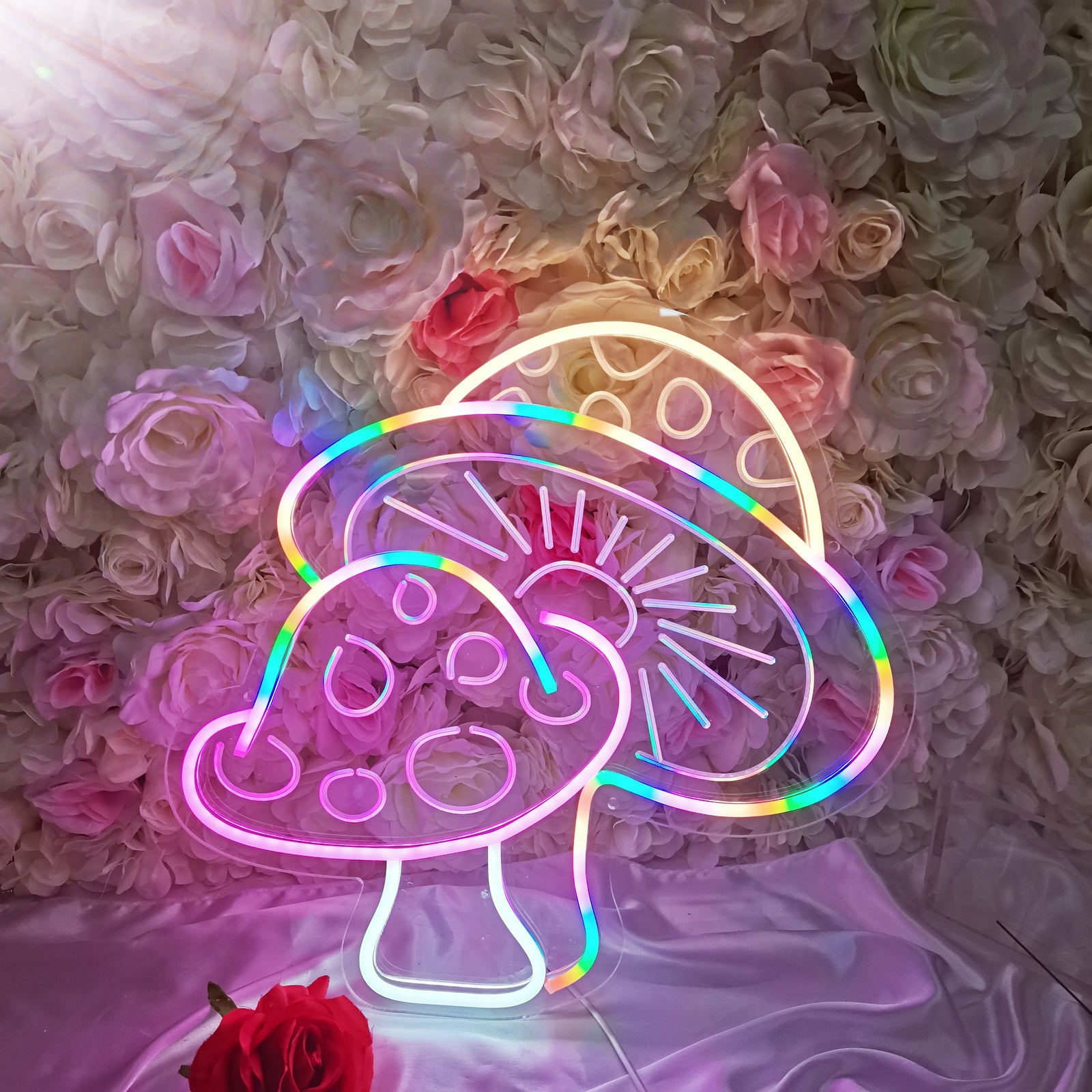 Mushroom USB Mini LED Neon Sign glowing brightly with rainbow colors on an acrylic backing.