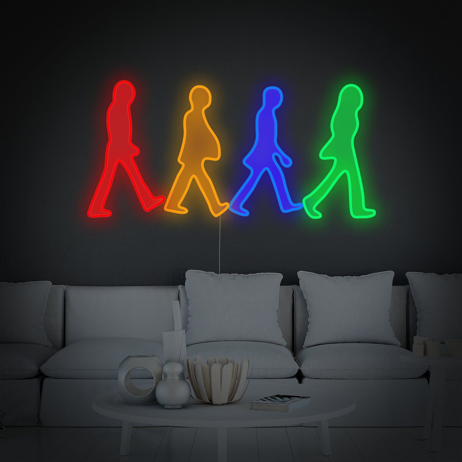 A graphic design of a 'Music Band' neon sign with guitars, drums, and a lightning bolt glowing in blue and red within a dark interior setting.