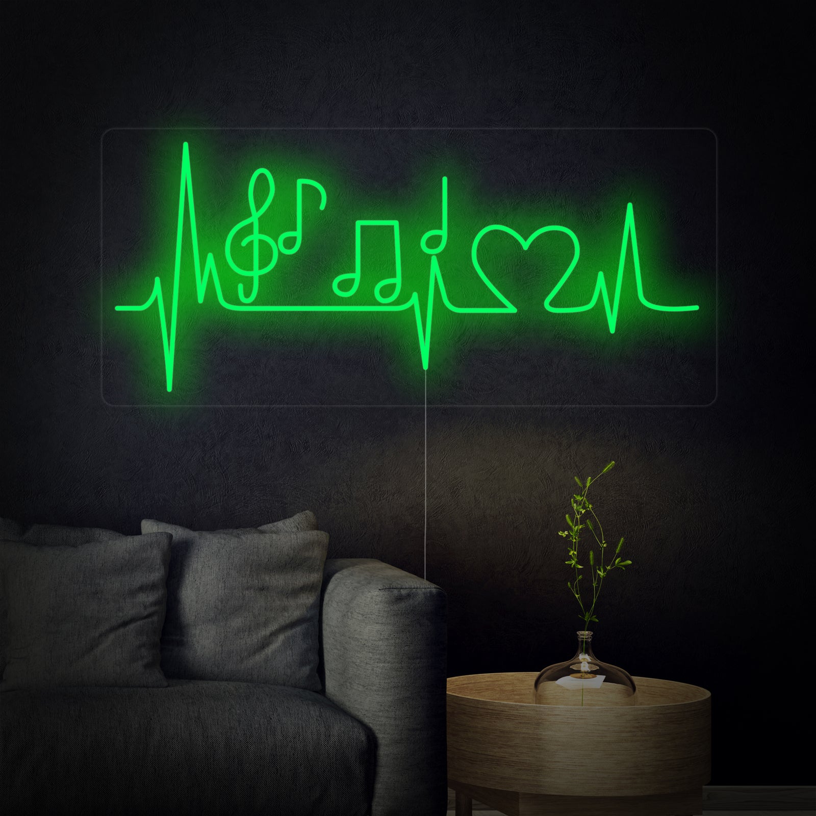 A detailed view of the 'Music Note Pulse Heart' neon design, showing clear neon tubing and the distinctive heart and pulse shapes glowing brightly.