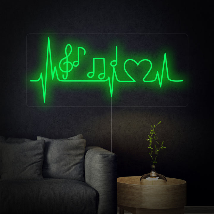A detailed view of the 'Music Note Pulse Heart' neon design, showing clear neon tubing and the distinctive heart and pulse shapes glowing brightly.