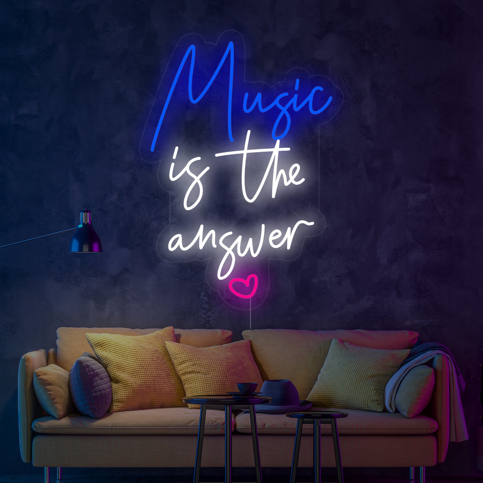 Product visualization of a glowing 'Music is The Answer' neon sign with clear acrylic backing and black power cord.