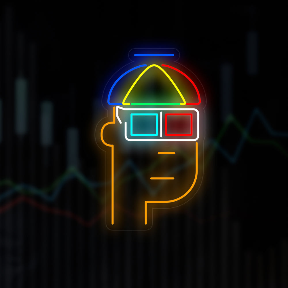 Digital mockup of the "NFT Monkey" neon sign design featuring a stylized blue monkey face