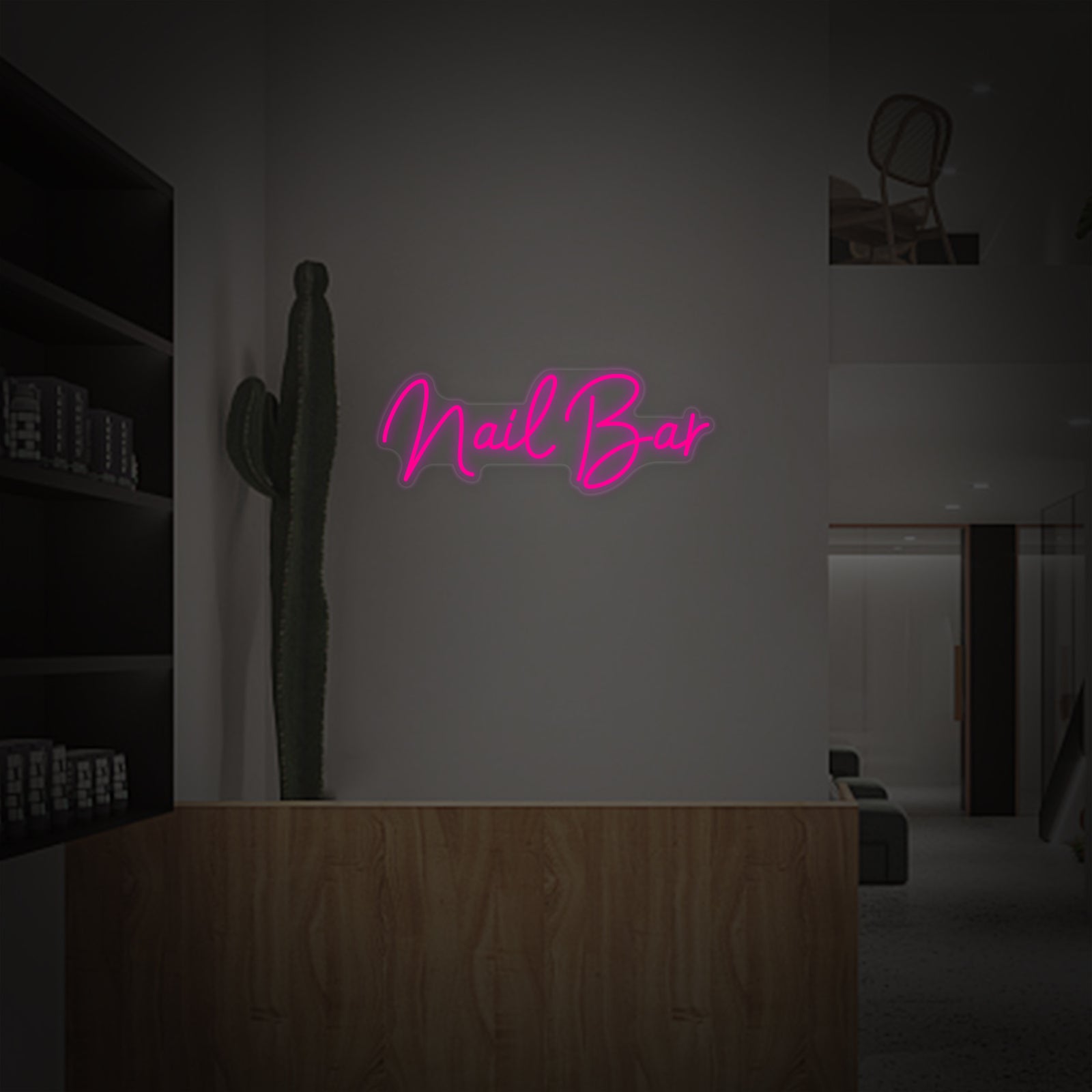 Detailed product shot of the 'Nail Bar' neon sign design showcasing the sleek tubing and clear mounting backing.