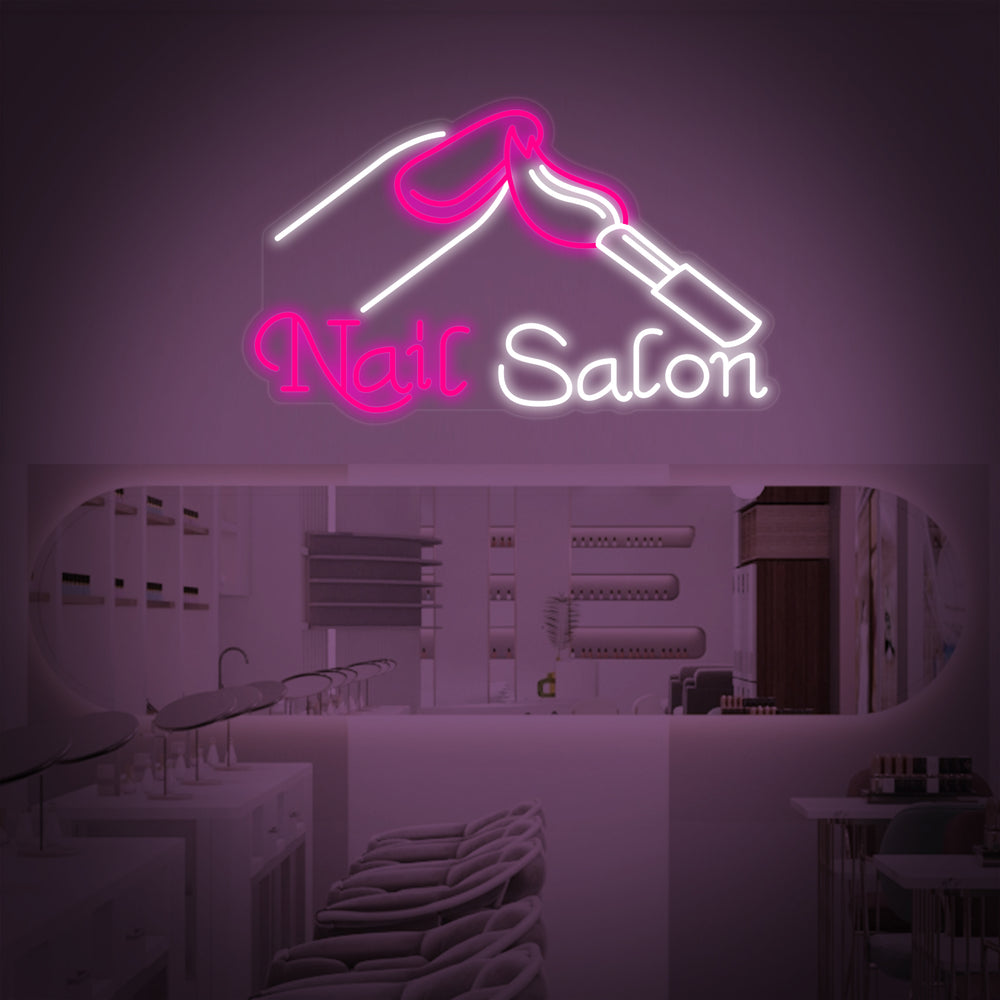 A close-up view of the detailed and vibrant 'Nails' neon sign, showcasing its design and lighting quality.