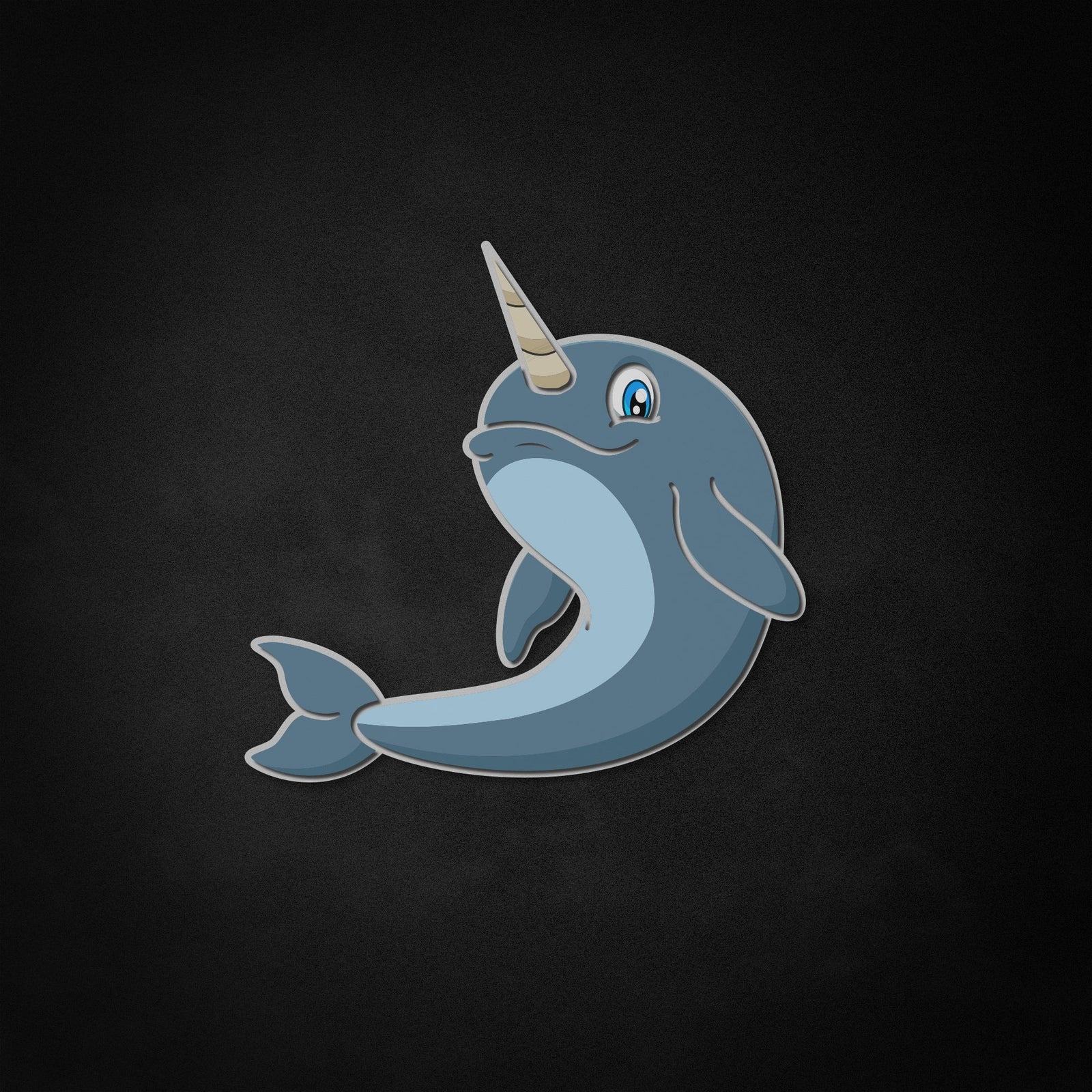 Flat illustration design of a smiling blue narwhal with a unicorn horn for neon sign creation.
