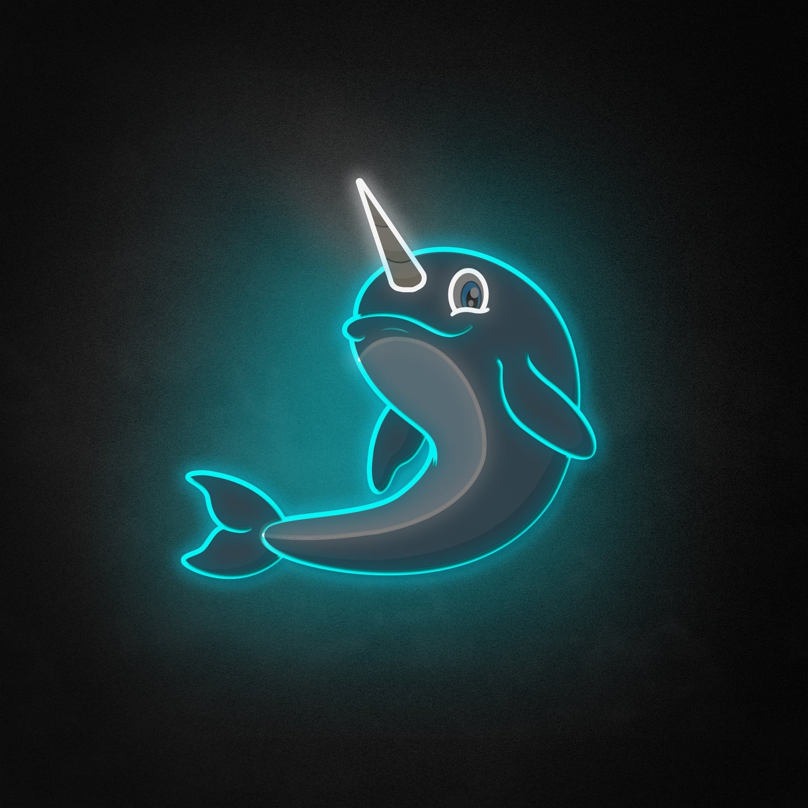 Dimmable glowing narwhal neon-like sign for kids room decor mounted on a bedroom wall.