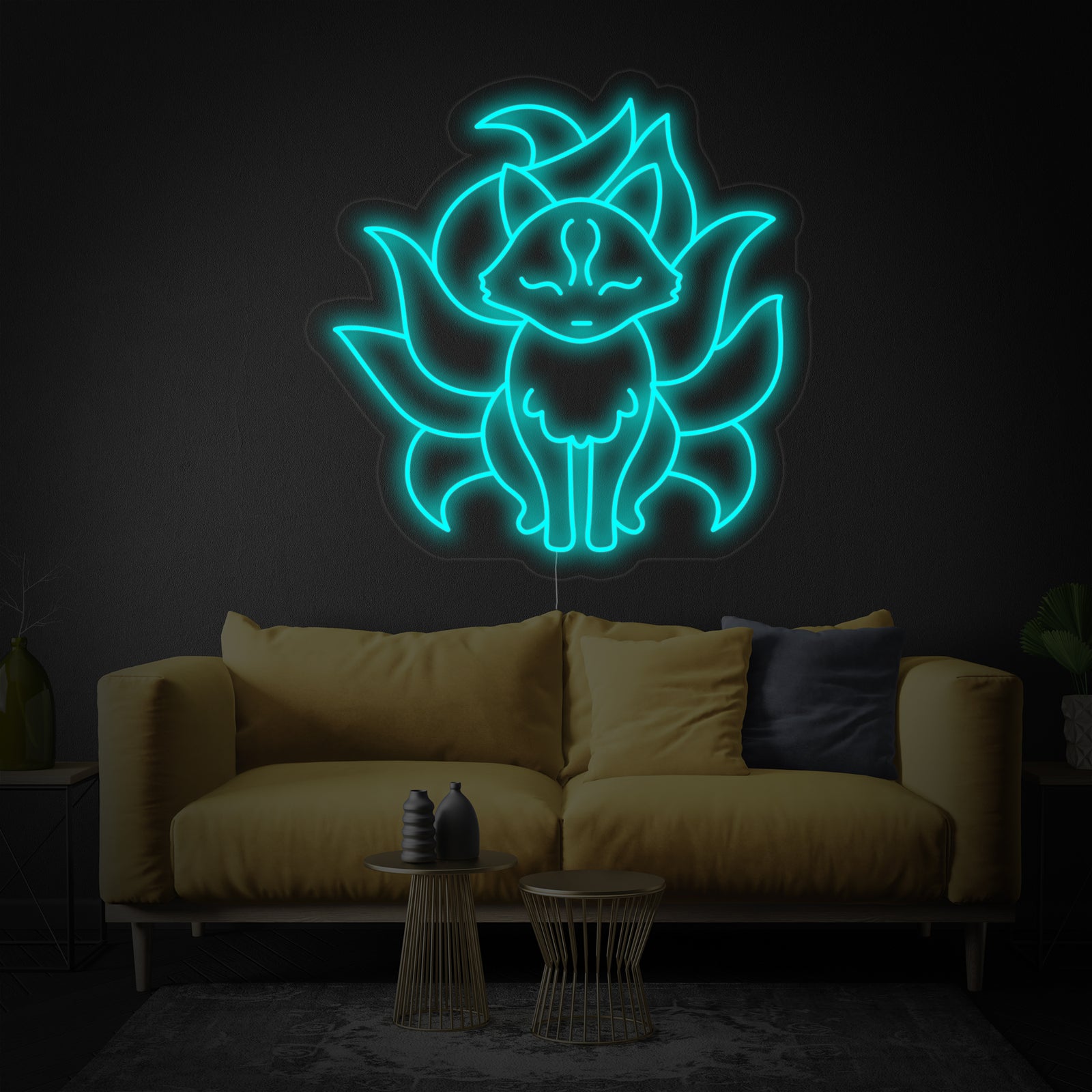 The detailed Nine Tailed Tails Fox Anime neon sign design, featuring glowing lines of orange and blue on a clear acrylic backing.