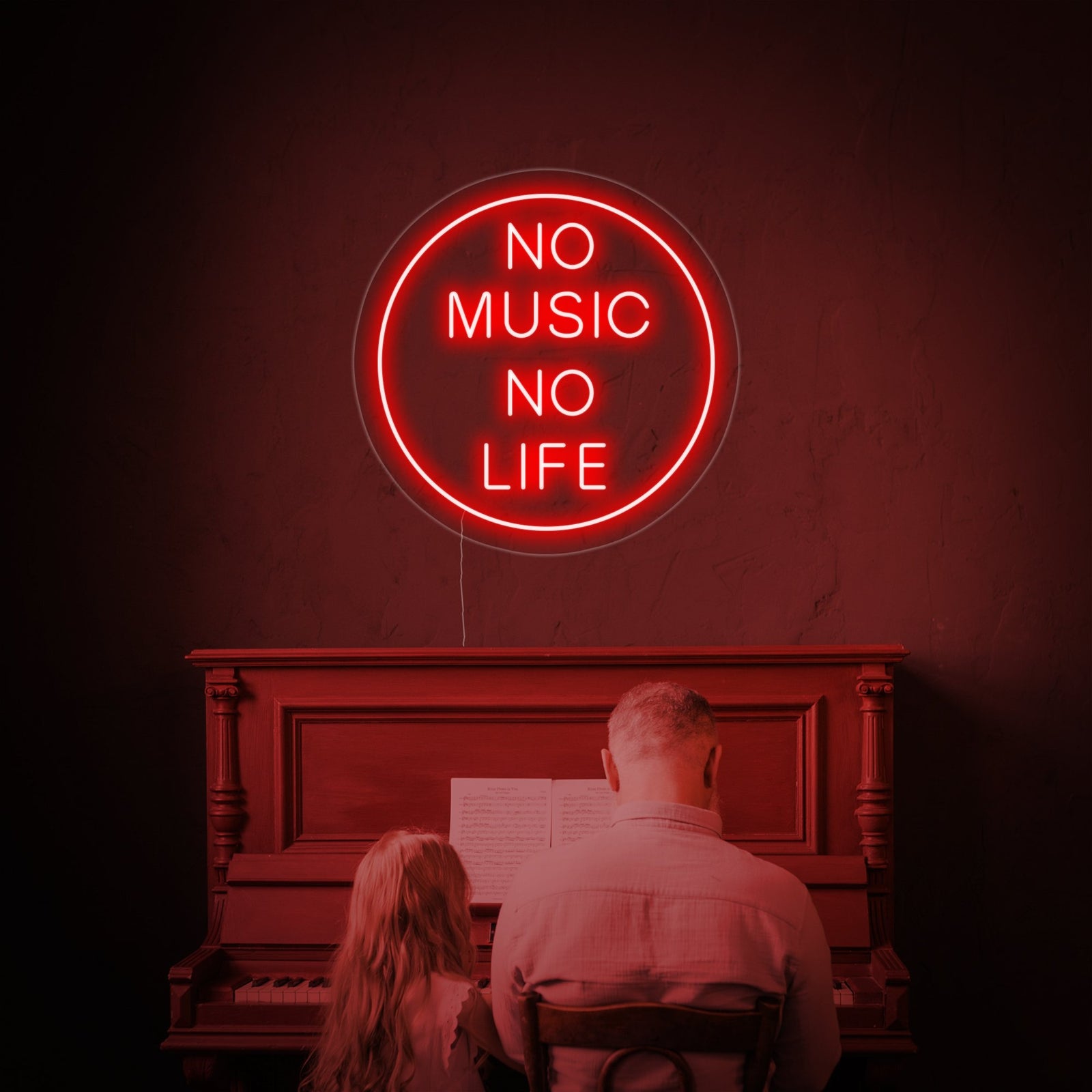 A perspective view of the 'No Music No Life' neon sign, showcasing the detailed tubing on an acrylic backing within a stylish music room environment.