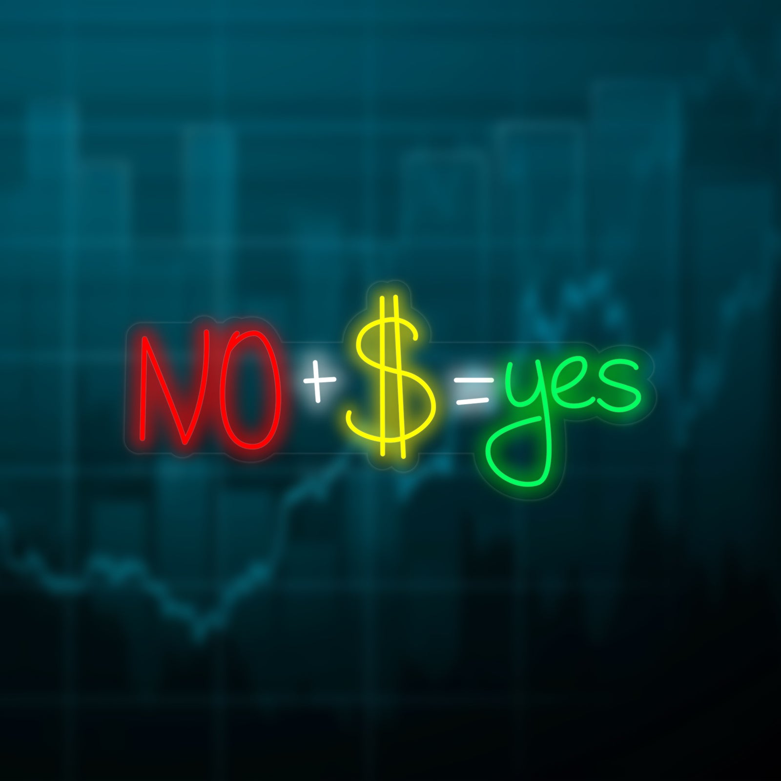 A flat design graphic illustration of a neon sign with the glowing text 'No Plus Money Equals Yes' on a clear rectangular backing.