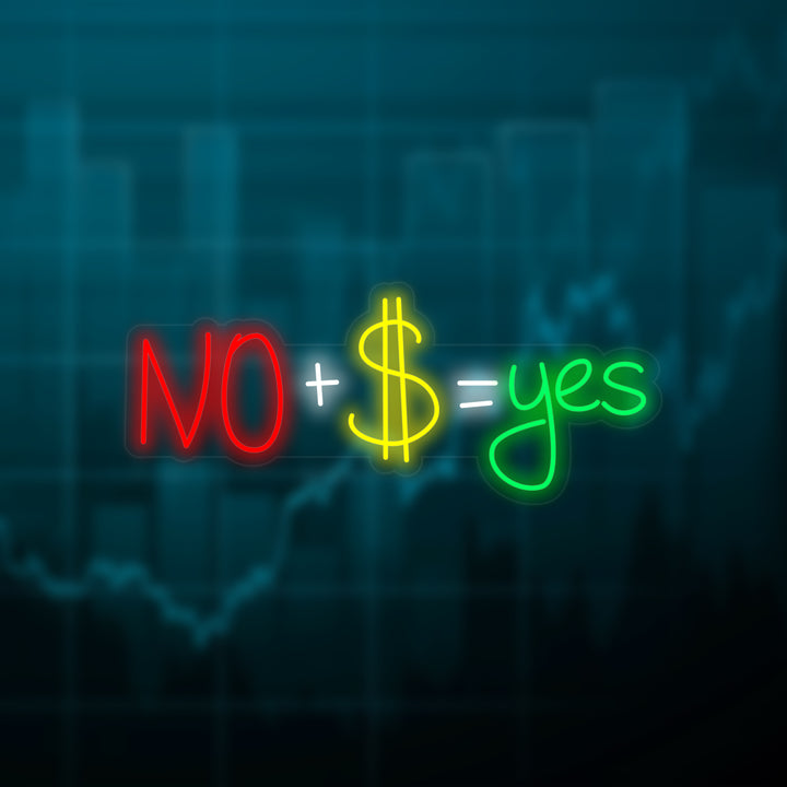A flat design graphic illustration of a neon sign with the glowing text 'No Plus Money Equals Yes' on a clear rectangular backing.