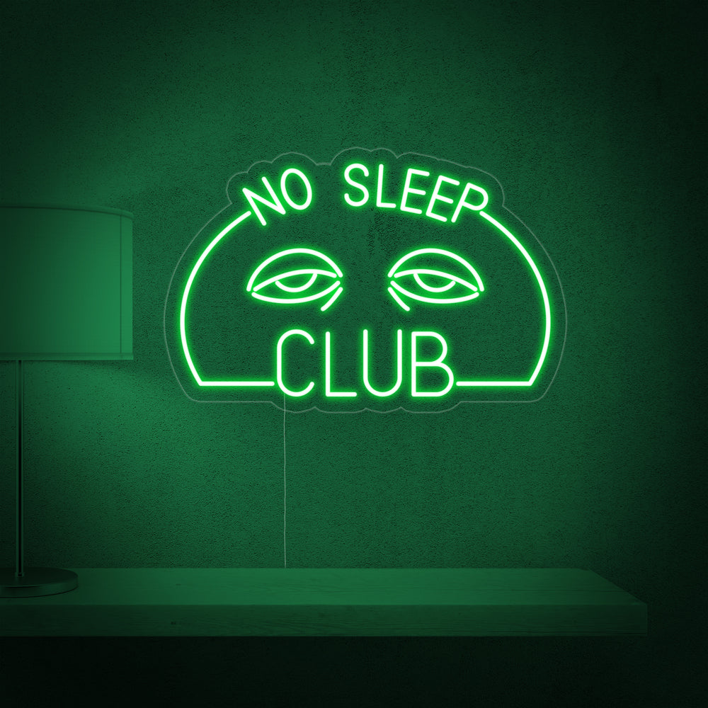 Close-up detail of the glowing "No Sleep Club" neon sign showing the craftsmanship of the neon tubes and wiring