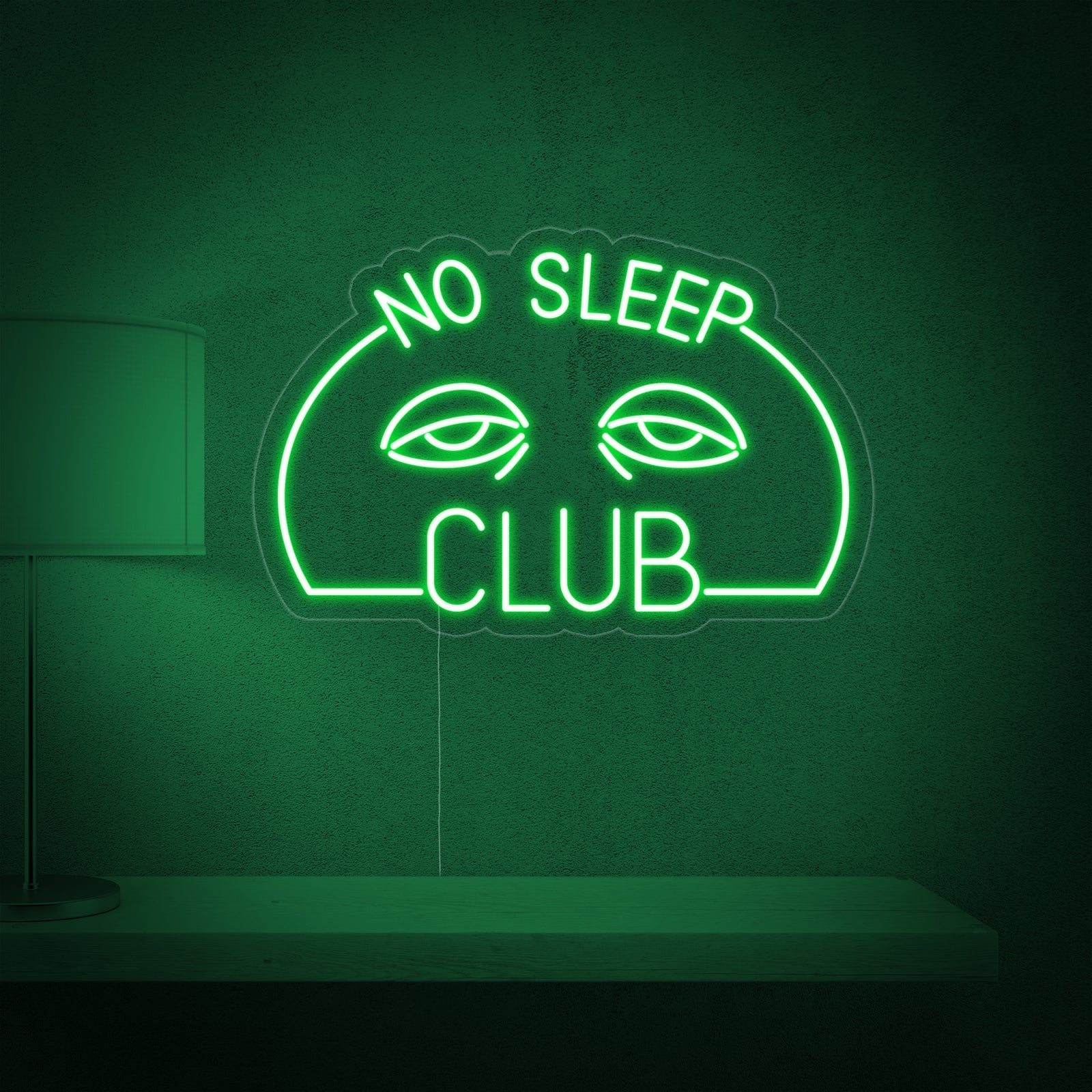 Close-up detail of the glowing "No Sleep Club" neon sign showing the craftsmanship of the neon tubes and wiring