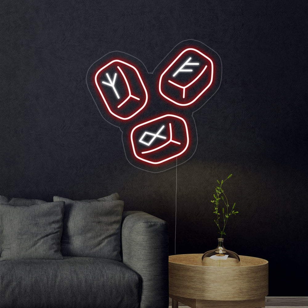A focused photo of a high-quality neon sign displaying several glowing Elder Futhark runes in vibrant blue, mounted on a transparent backing against a textured stone wall.