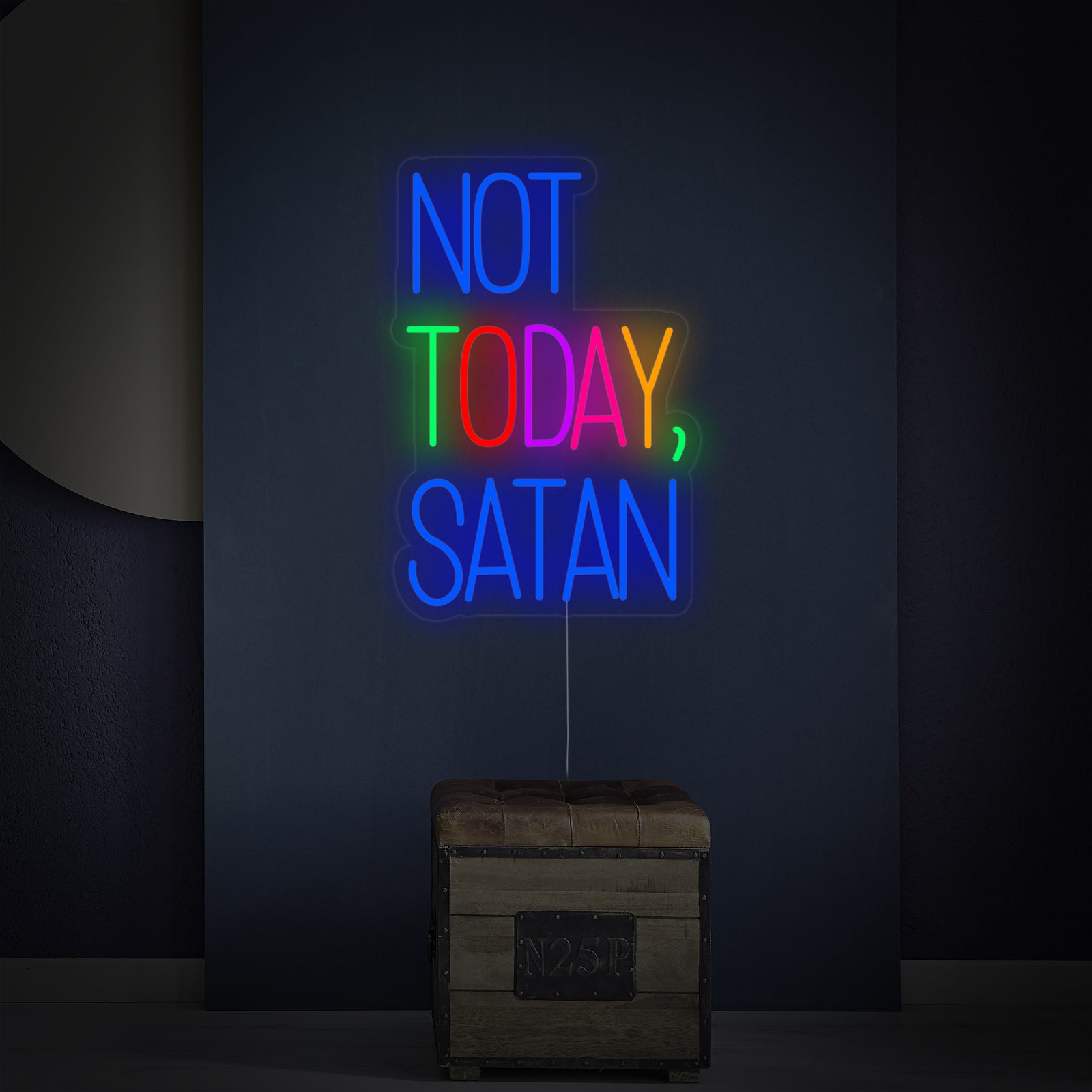 A close-up view of the 'Not Today Satan' neon sign, showing the detailed lighting, clear acrylic backboard, standoffs, and power cord.