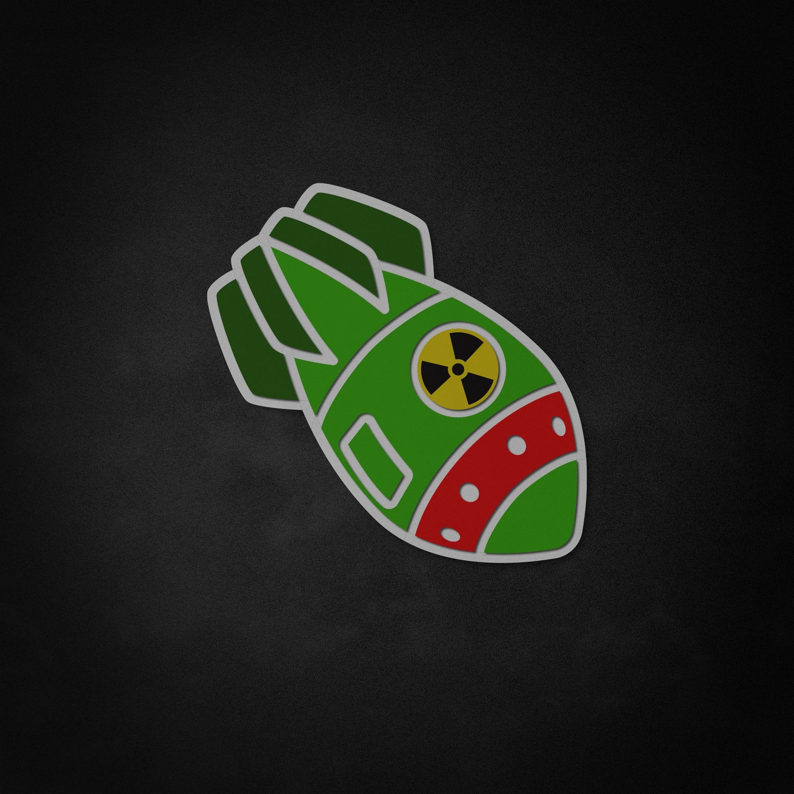 A graphic illustration of a bomb shape with glowing outlines, designed as a neon like sign.