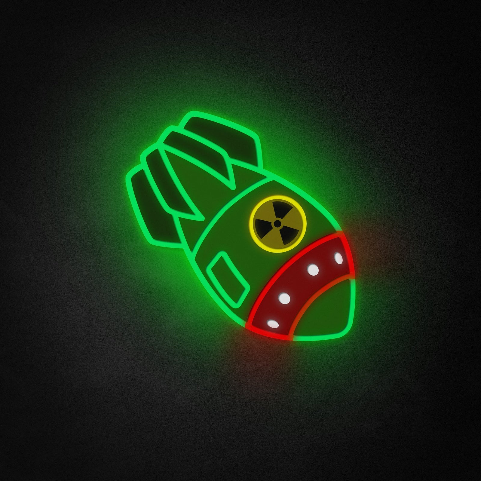 A glowing neon like sign depicting a cartoon nuclear bomb.