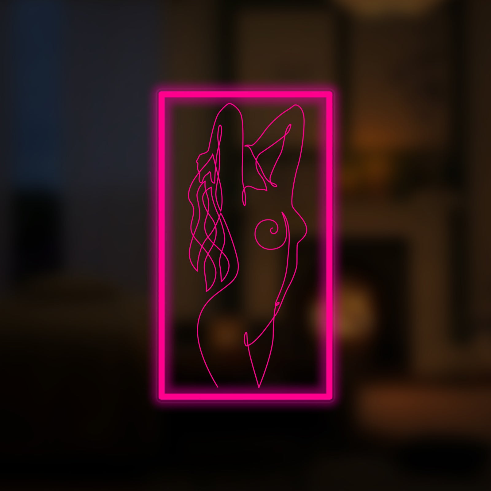 Artistic rendering of a nude female body outline as a glowing neon sign concept against a dark background.