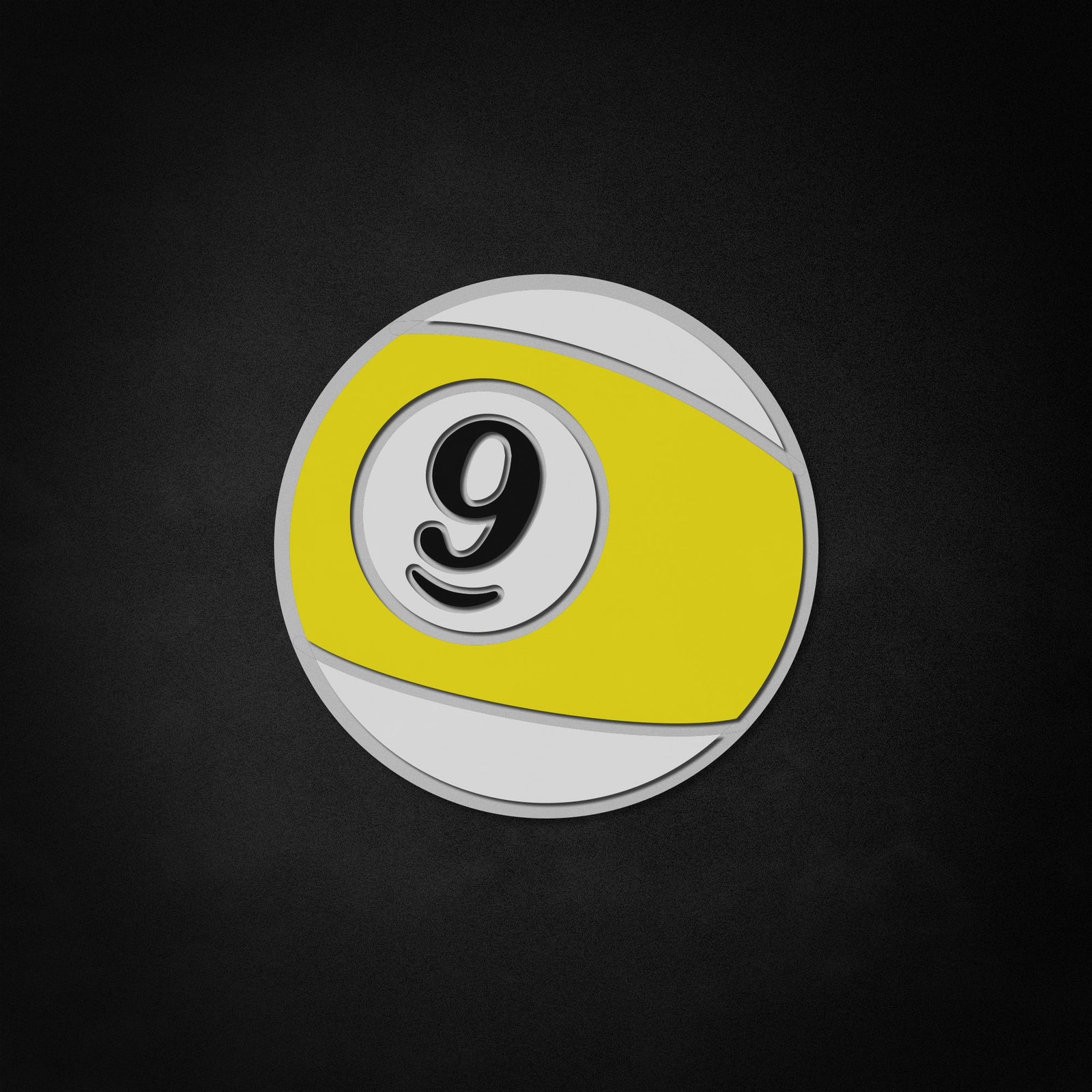 A direct front-facing view of a illuminated 9-ball sports neon like sign, highlighting its yellow stripe and number 9.