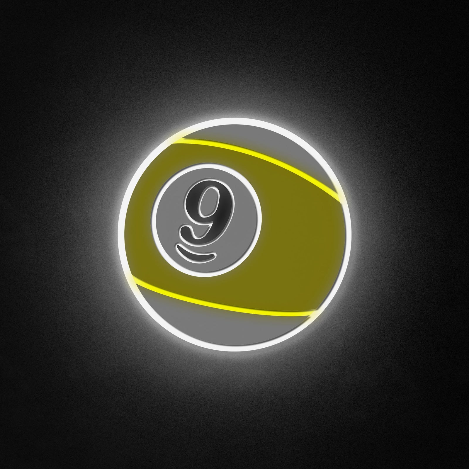 A glowing 9-ball billiard ball neon like sign against a dark textured wall background.