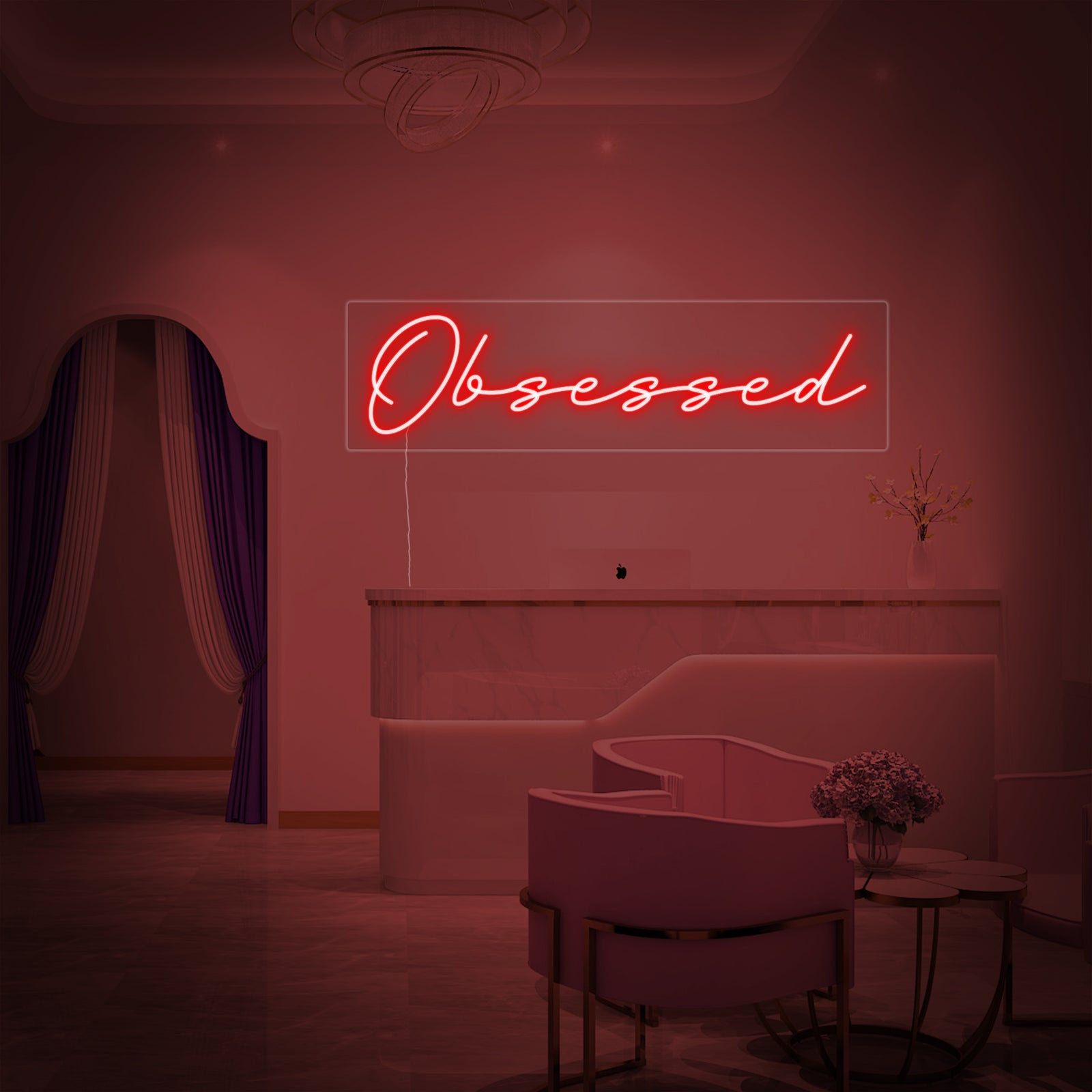 A mockup of the 'Obsessed' neon sign glowing white against a dark brick wall in an urban apartment or business setting.