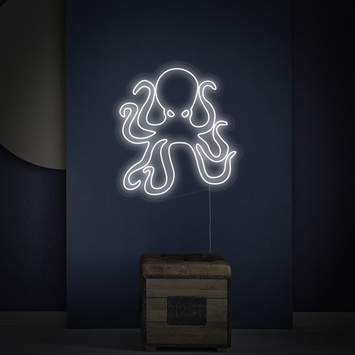 Octopus Restaurant Sea Animal neon sign design showing a stylized orange octopus wearing a chef's hat, holding cutlery, and the text 'RESTAURANT' below it.