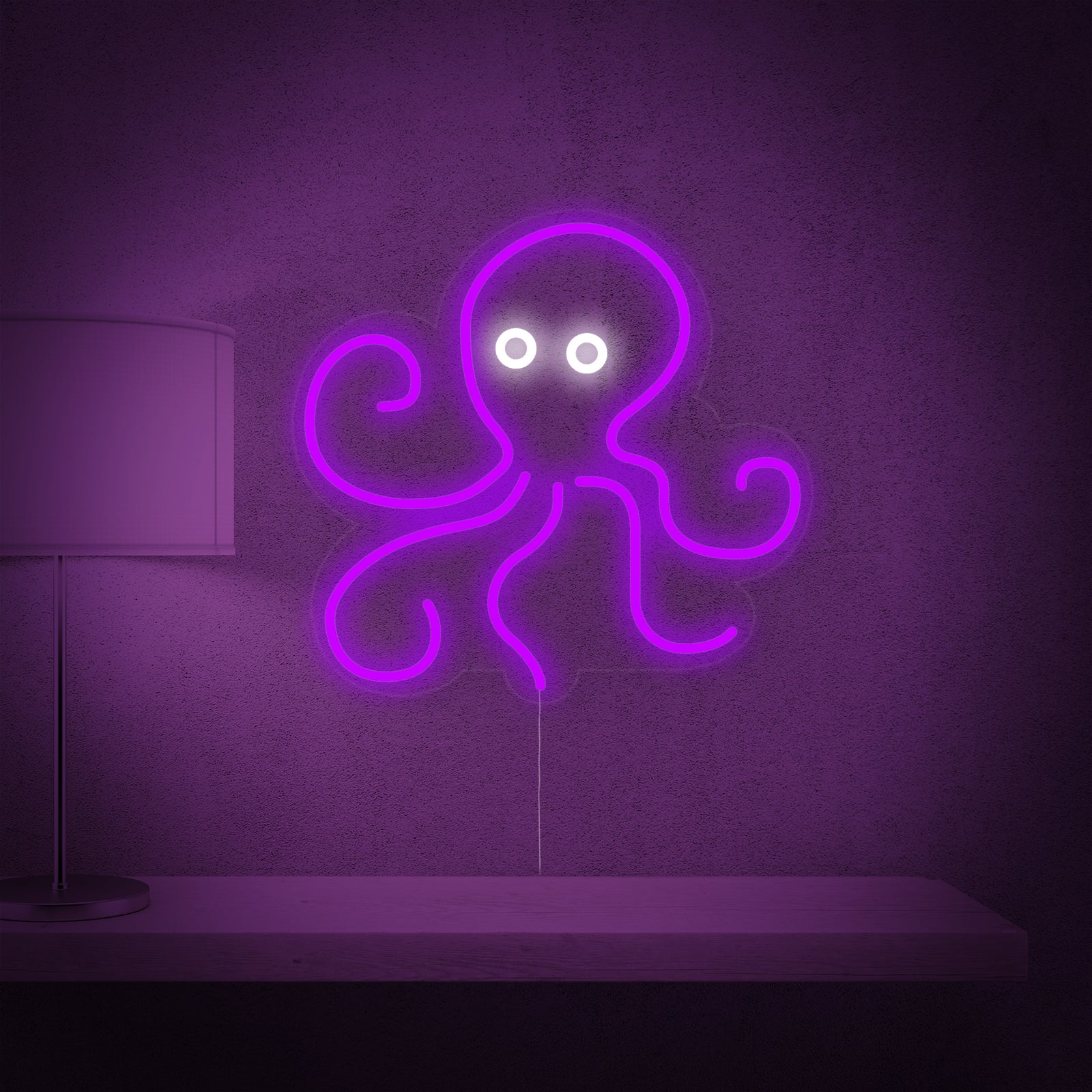 Closeup view of the unlit Octopus Sea Animal neon sign showing its blue and purple tubing and transparent backing plate.