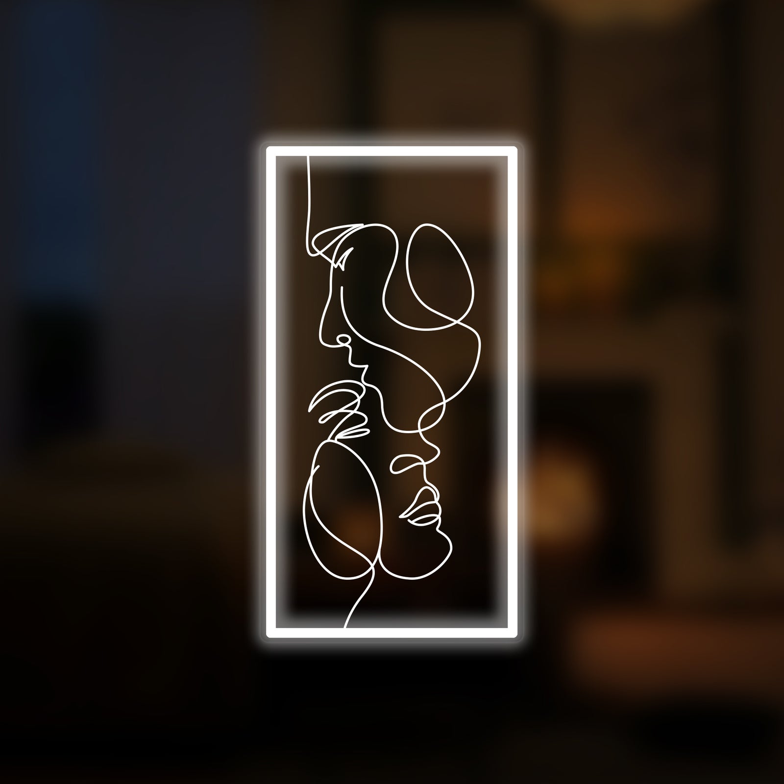 One Line Art Couple mini neon sign illuminated against a blurred interior backdrop.