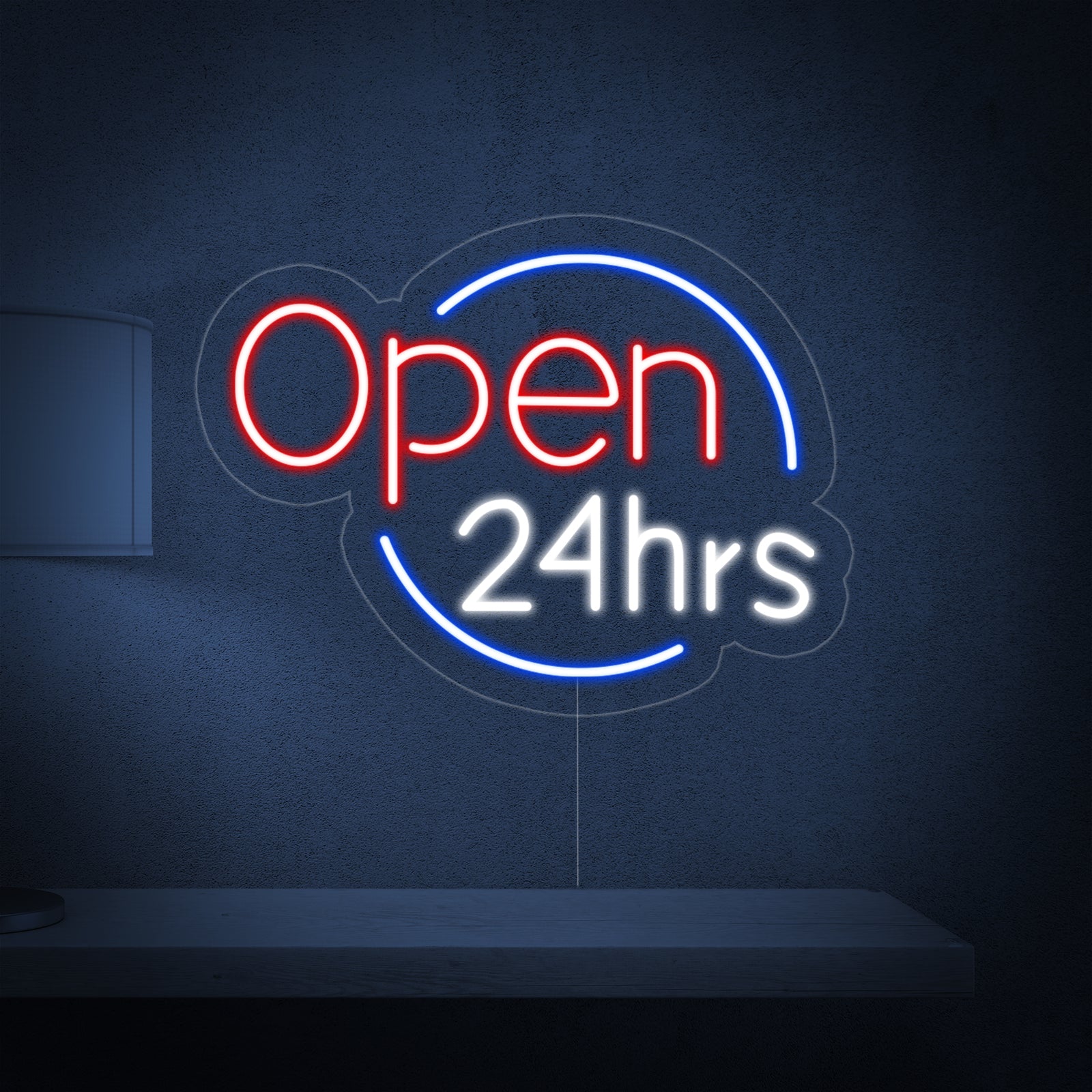 The 'Open 24hrs' neon sign with contoured backing and hanging wire details against a blurred brick wall background.