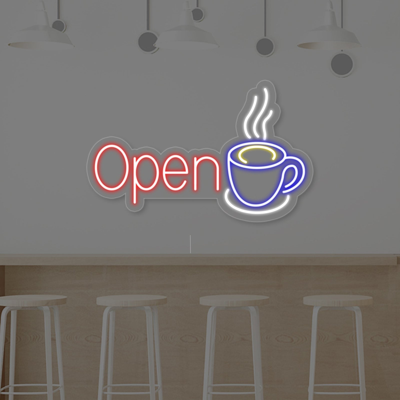 The 'Open Coffee' neon light design, featuring a warm glowing coffee cup and the text 'OPEN COFFEE' against a blurred cafe interior background.