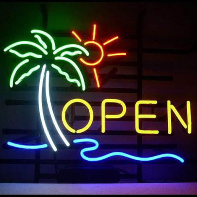 Close-up detail photograph of the handmade 'Open Bar' neon sign, showing the intricate glass tubes and wiring mounted on a clear backboard in a real setting.
