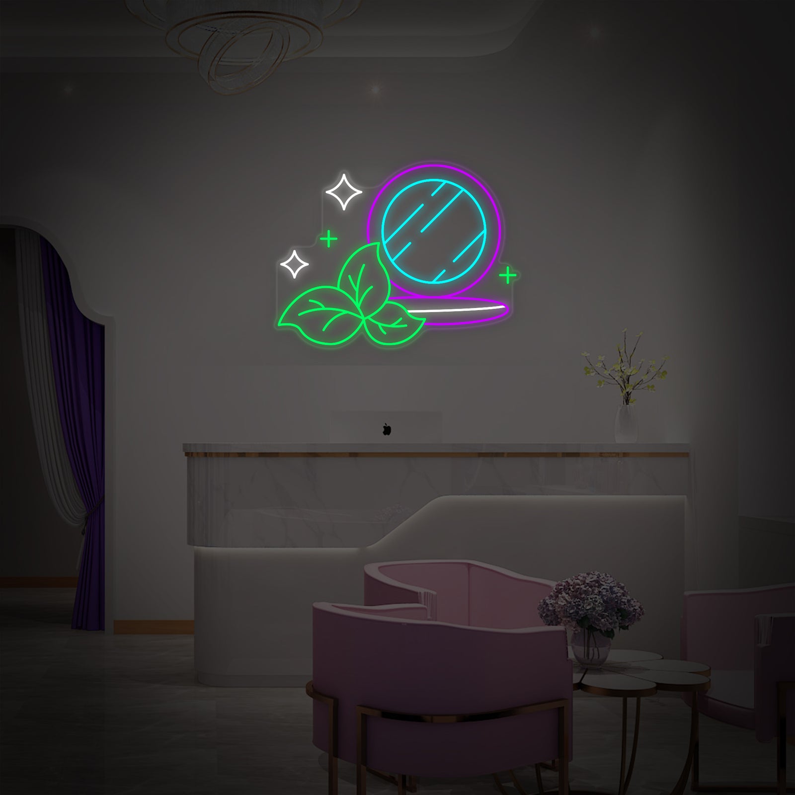 A glowing blue and pink neon sign that reads 'Organic Cosmetics Makeup Powder' mounted against a grey textured brick wall in an office environment.