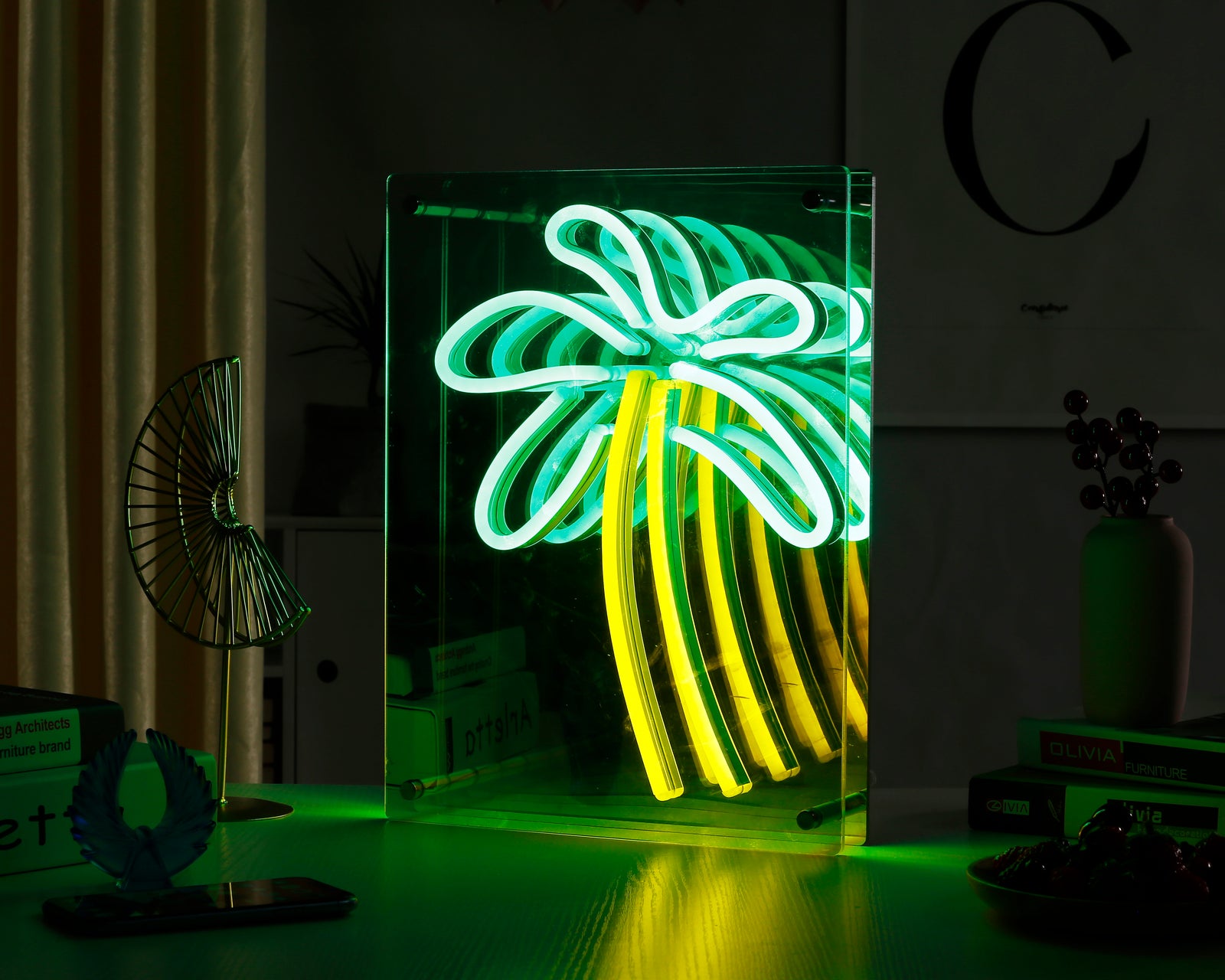 Palm Tree LED Infinity Neon Sign glowing brightly and showing deep reflective effect, mounted on wall