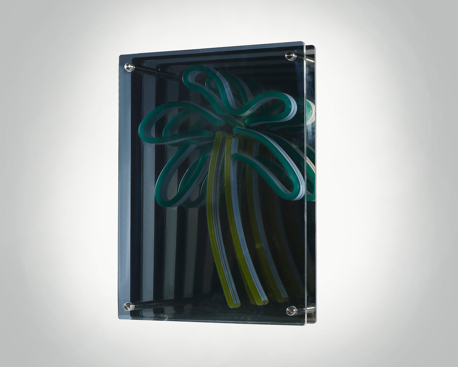 Physical Palm Tree LED Infinity Neon Sign shown from front, unlit, detailing construction and wiring