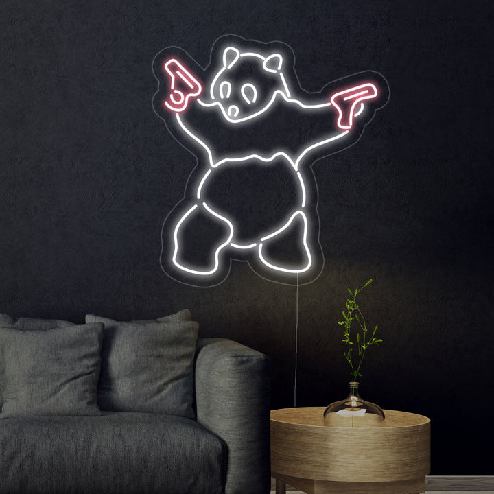 A luminous neon wall decoration depicting a panda bear with a firearm.