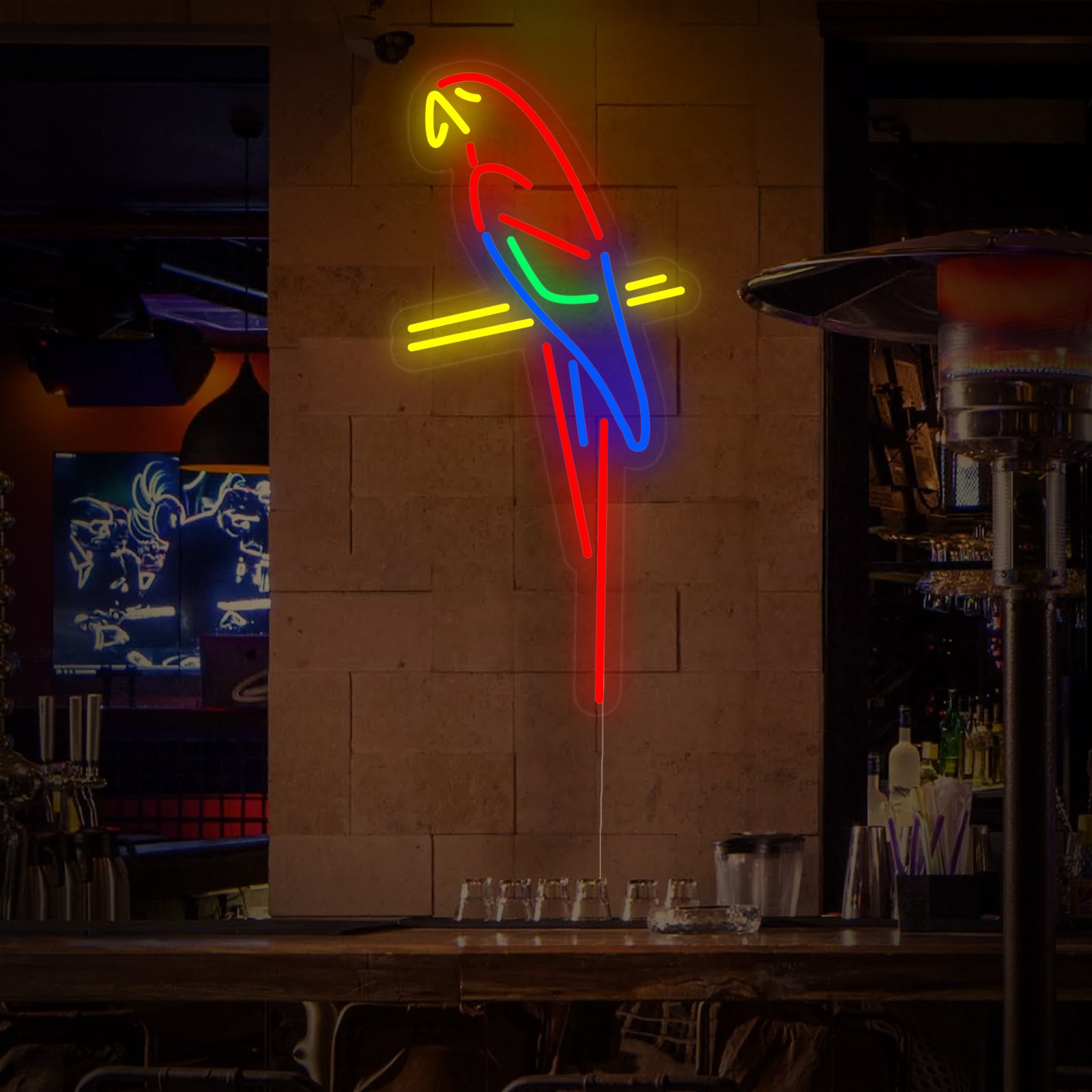 A detailed product shot of the Parrot Bar Pub neon sign, showing the multi-colored neon tubes forming the parrot and lettering.
