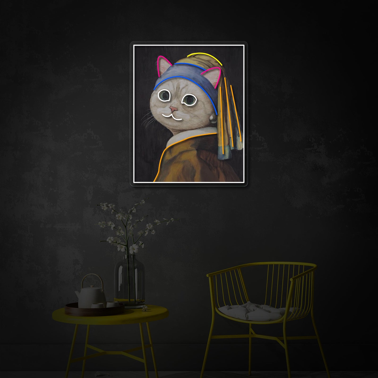The 'Pearl Earring Cat Lady' neon sign hanging above a stylish, mid-century modern sideboard, illuminating a curated display of art and home decor in a moody, sophisticated room.
