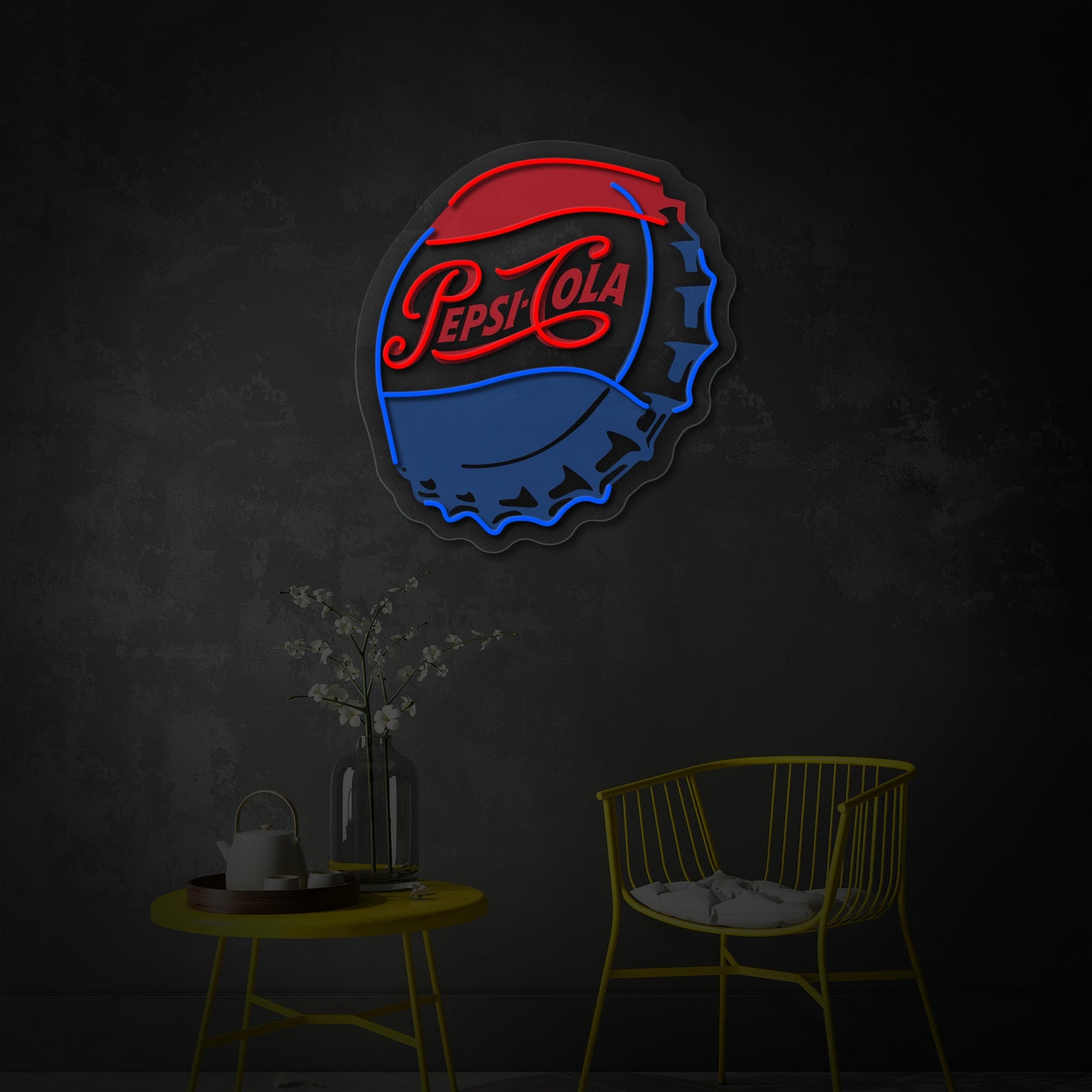 Closeup view of the 'Pep Cola Bottle Caps' neon sign showing the precise UV printed details, intricate glowing text, and clear acrylic backing, displayed as unique soda-themed wall decor.