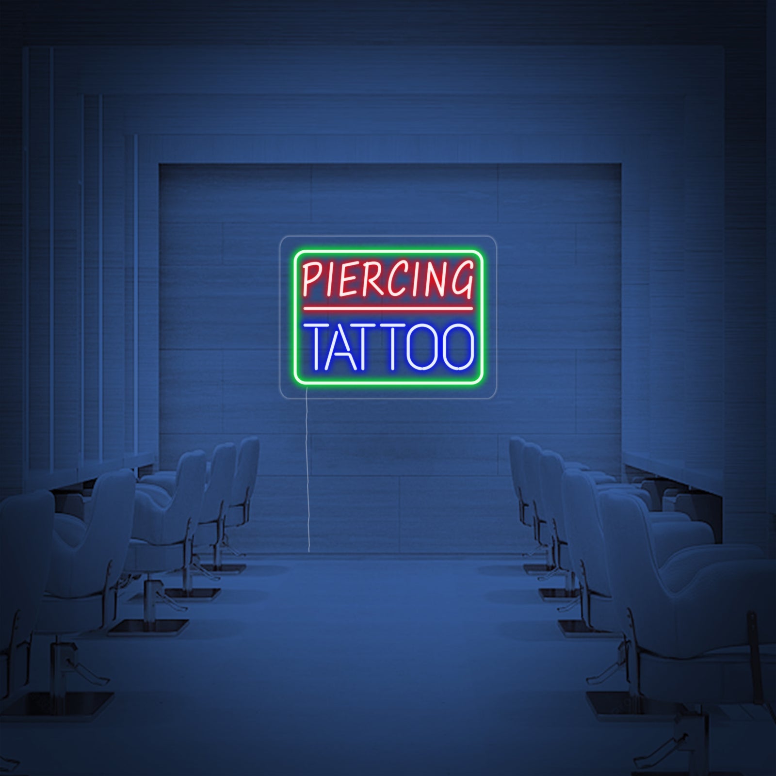 A glowing 'Piercing Tattoo' neon sign showing realistic tube details and acrylic backing.