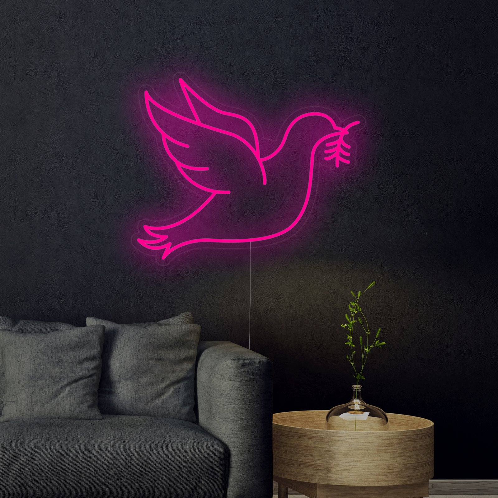 Detailed view of the Pigeon Dove of Peace neon sign showing its craftsmanship.