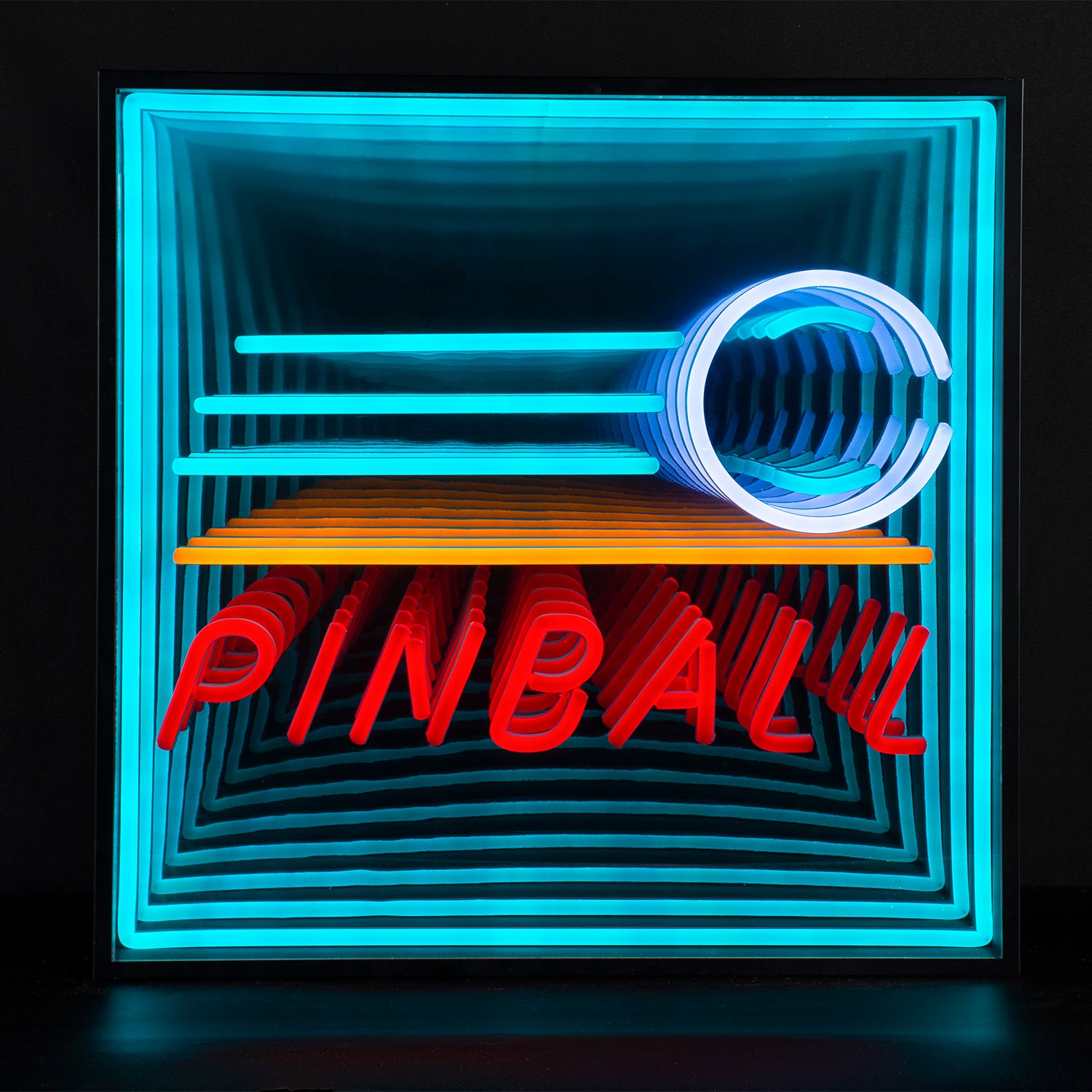 Pinball machine themed 3D infinity neon sign glowing with colorful flippers and high score display in a dark room.