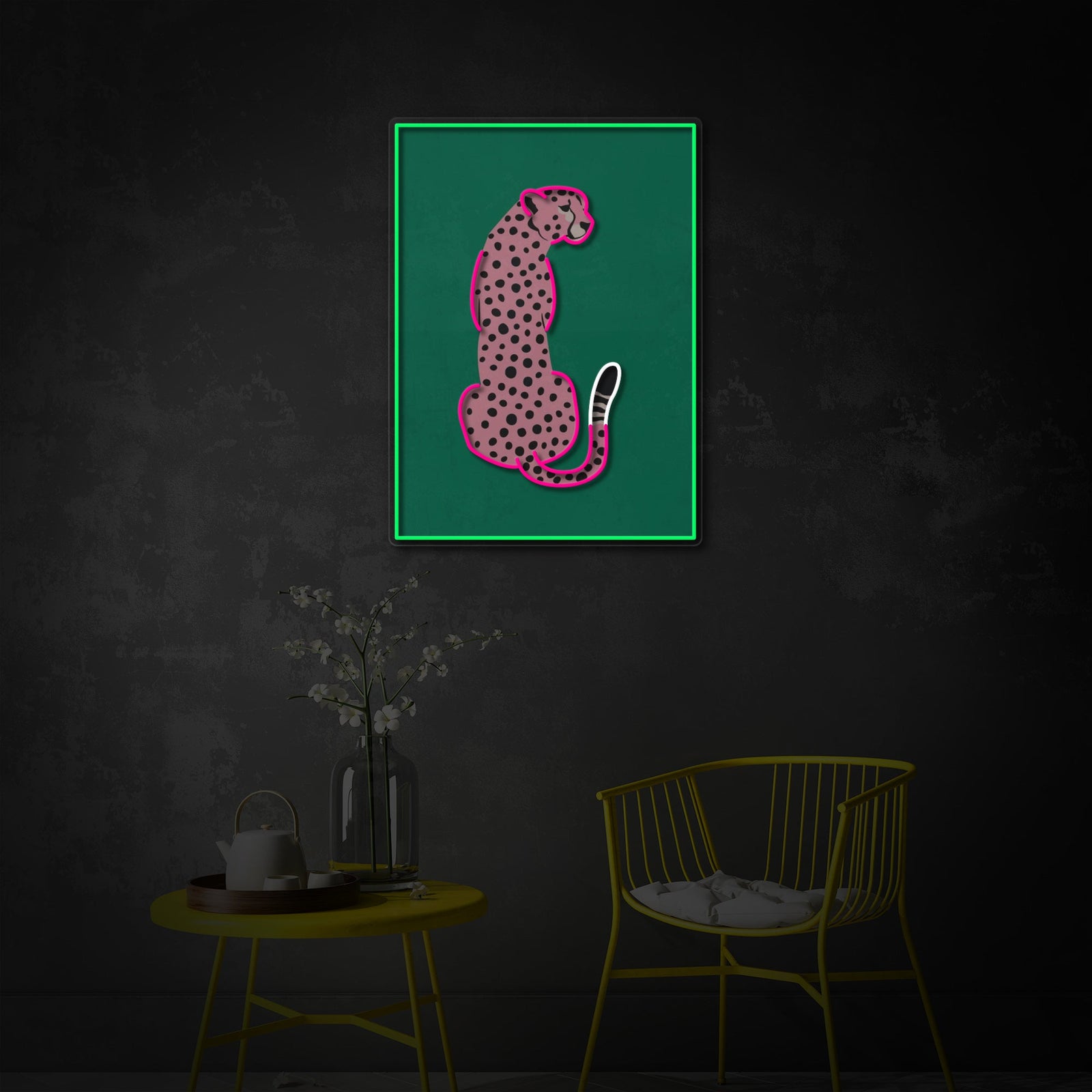A visualization of the Pink Leopard African Cheetah Tropical Pop Art UV print neon sign, showcasing the colorful leopard design within a framed border with a luminous pink glow, integrated into a minimal, clean room environment.