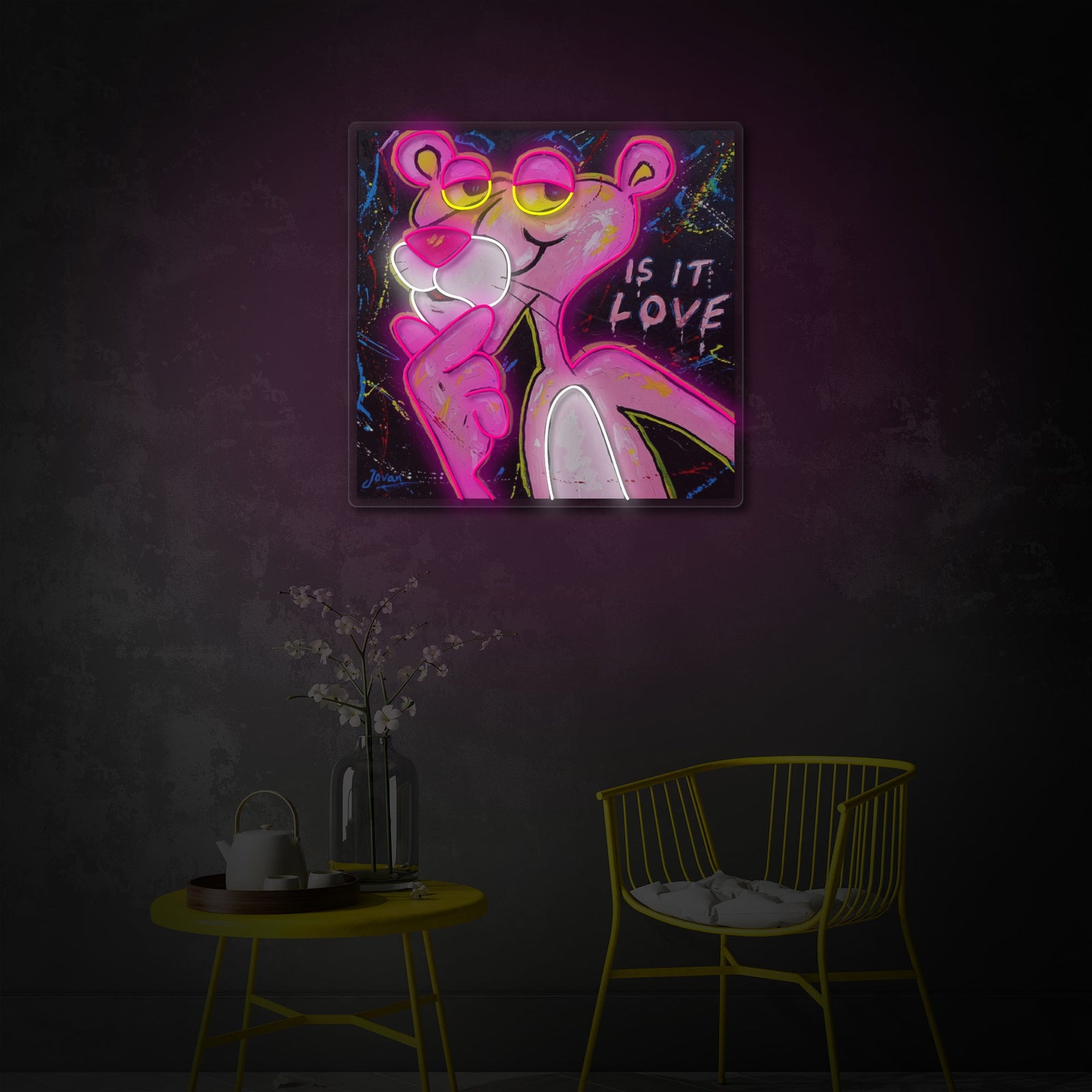 A product shot of the unlit "Pink Think Panther" sign, clearly showing the detailed UV print graphic on the acrylic background with neon tubing overlay.