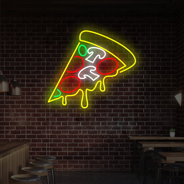 Close-up of the digital design for the melting pizza neon sign with glowing yellow and orange tubes